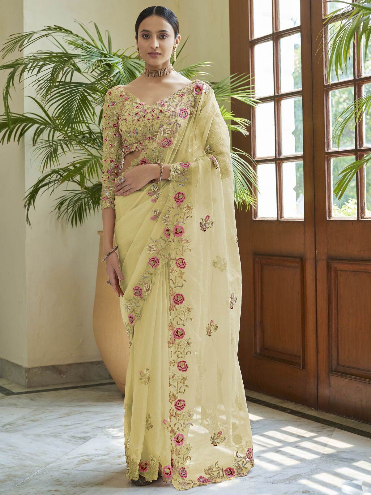 Yellow Party Wear Art Silk Embroidered Border Work Saree With Fancy Bl | Party  wear sarees, Fancy blouses, Saree designs