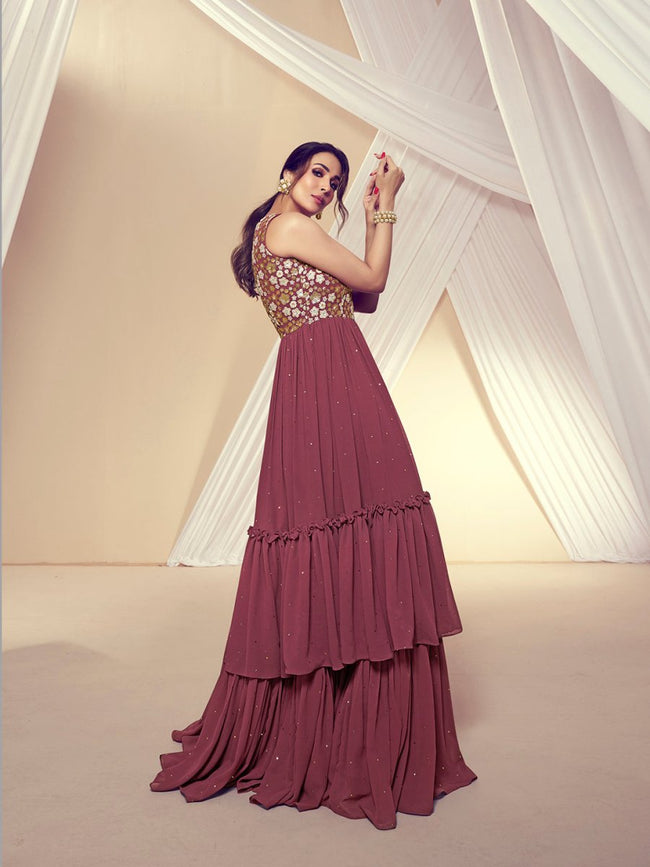 Floral Embroidered Fit & Flare Maxi Ethnic Dresses With Dupatta