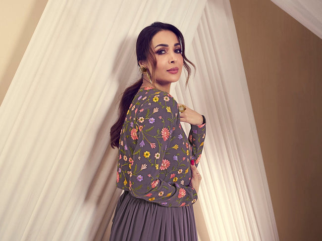 Malaika Arora Solid Maxi Dress with Floral Thread Embroidered Jacket