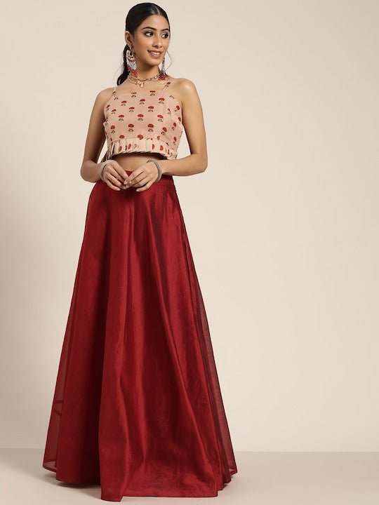 Buy Green Blouse And Skirt Modal Satin Ruffle Sleeve Lehenga Set For Women  by Merge Design Online at Aza Fashions.