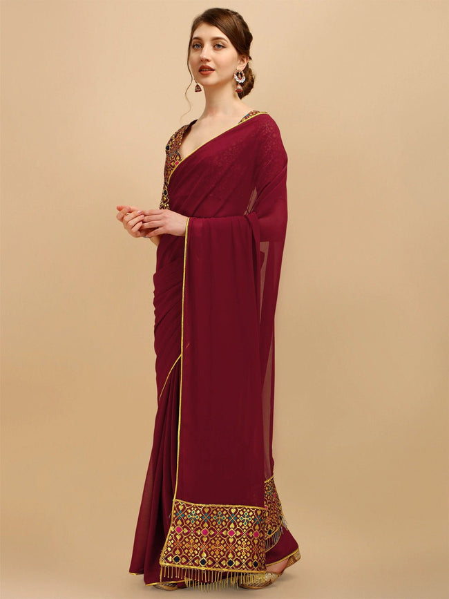 Shop Maroon Saree With Golden Blouse for Women Online from India's Luxury  Designers 2024