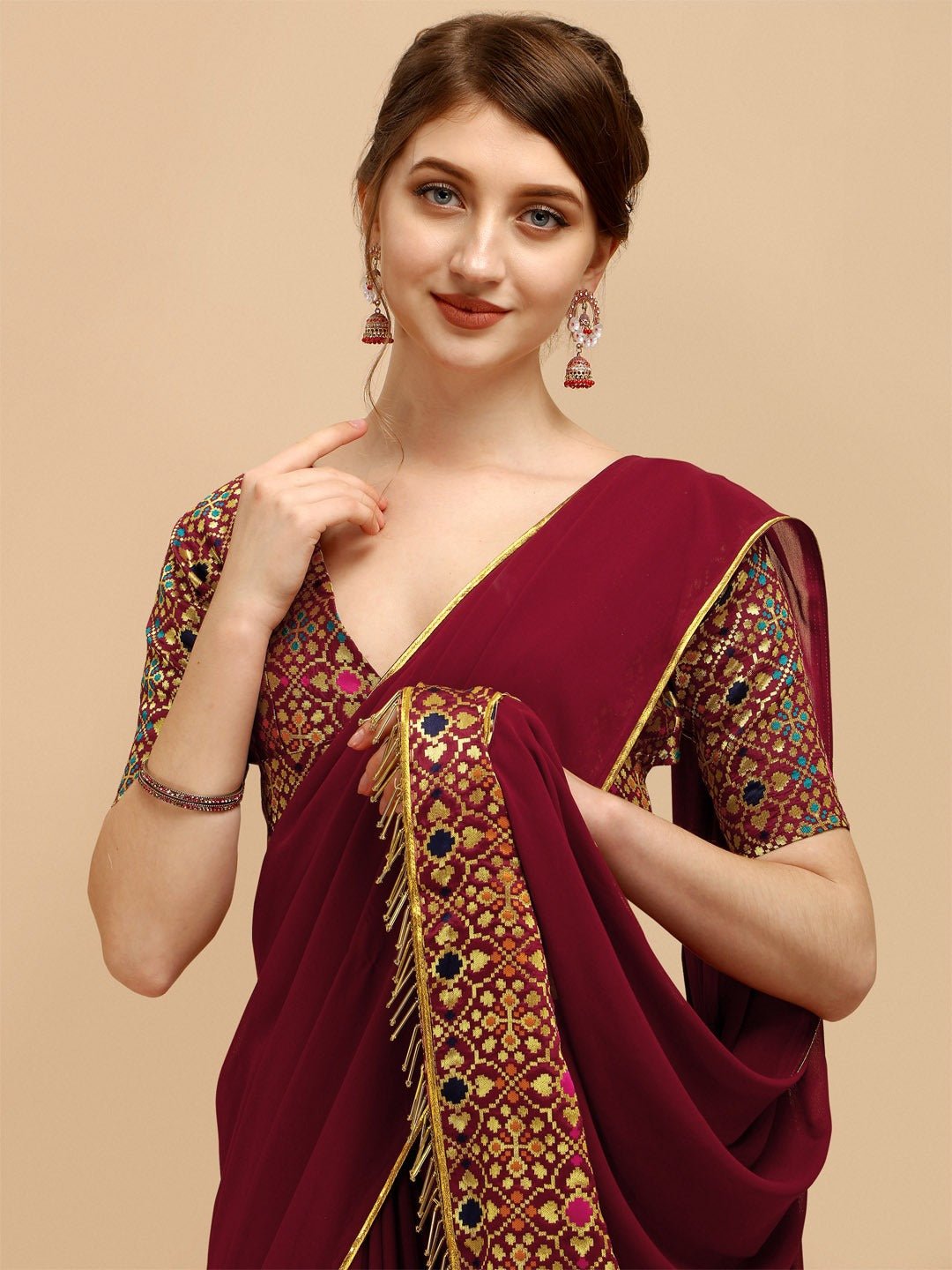 Maroon Pure Silk Saree With Golden Patterns And Blouse | Cash On Delivery  Available, Throughout India | Shipping Worldwide