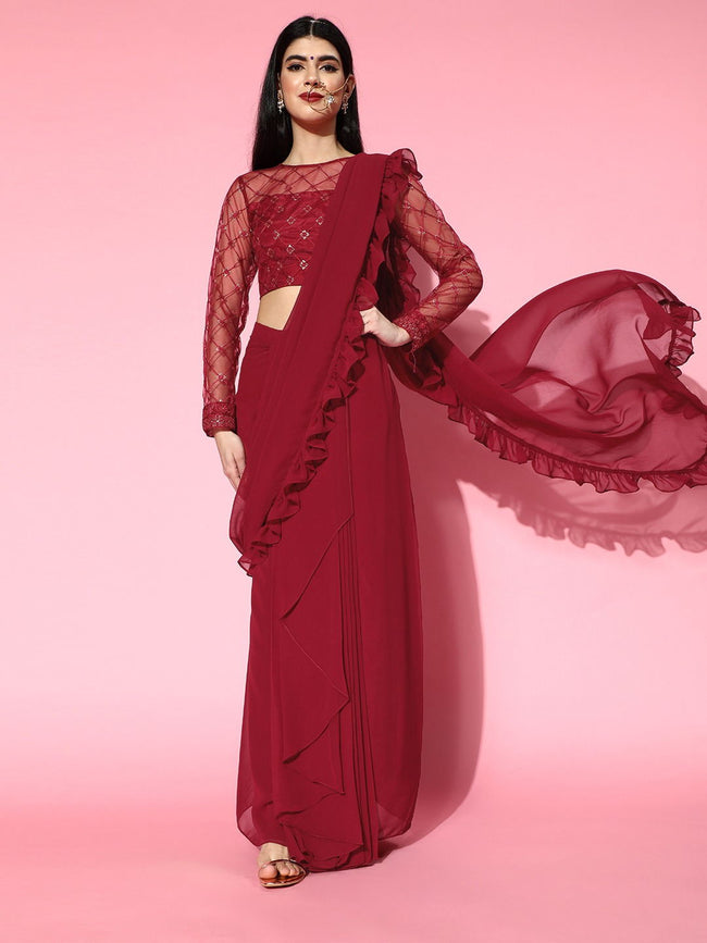 Maroon plain silk unstitched lehenga - Diya Vastra - 3304686