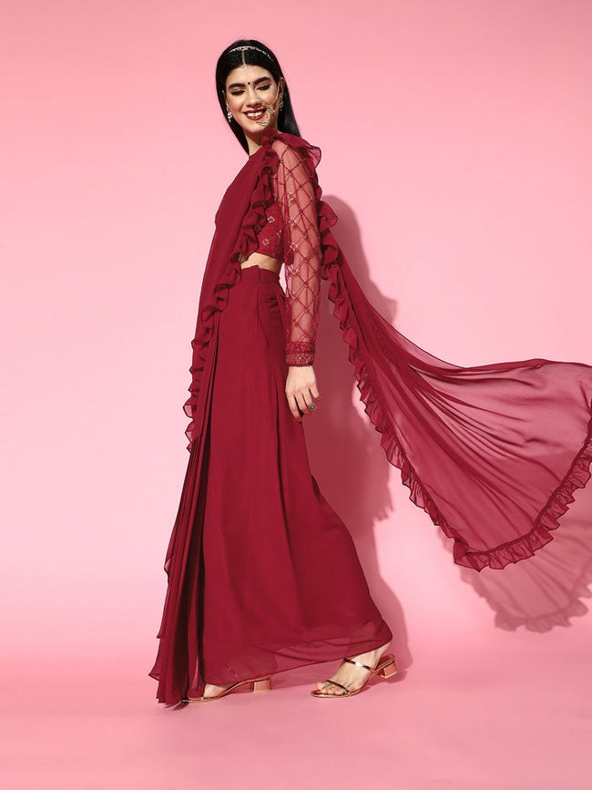 Buy Pink Blouse Silk Lehenga Organza Rati Ruffle Pre-draped Saree With For  Women by Asaga Online at Aza Fashions.