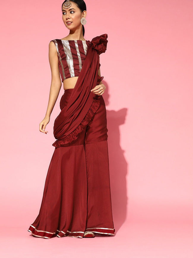 Maroon Draped Frill Sari With Blouse | Blouses for women, Ruffle saree,  Saree