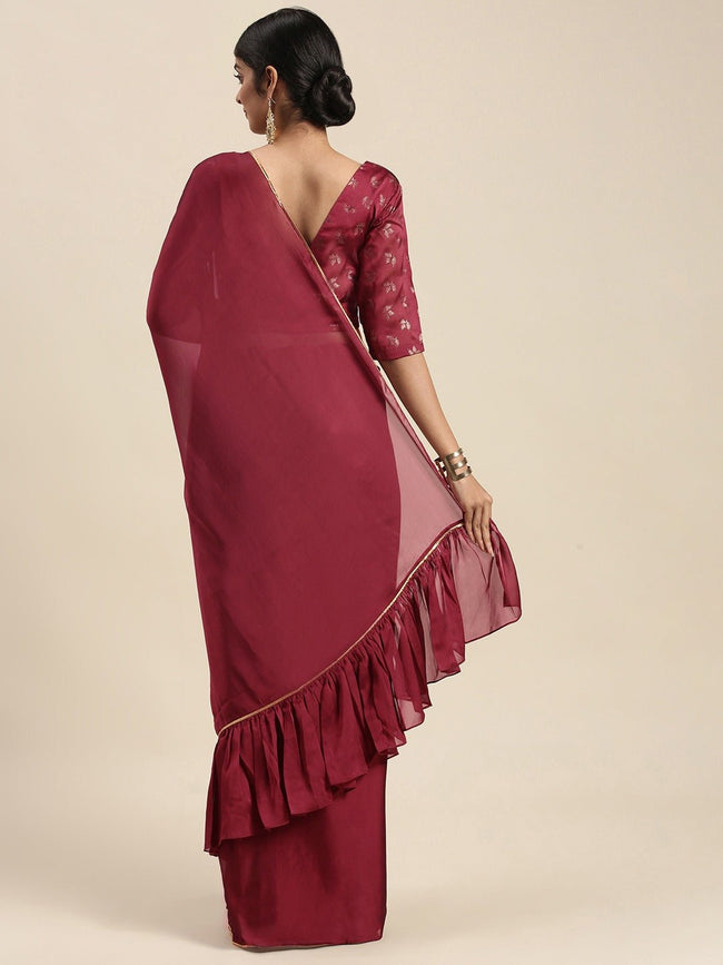 Burgundy Ruffled Poly Georgette Ready to Wear Saree