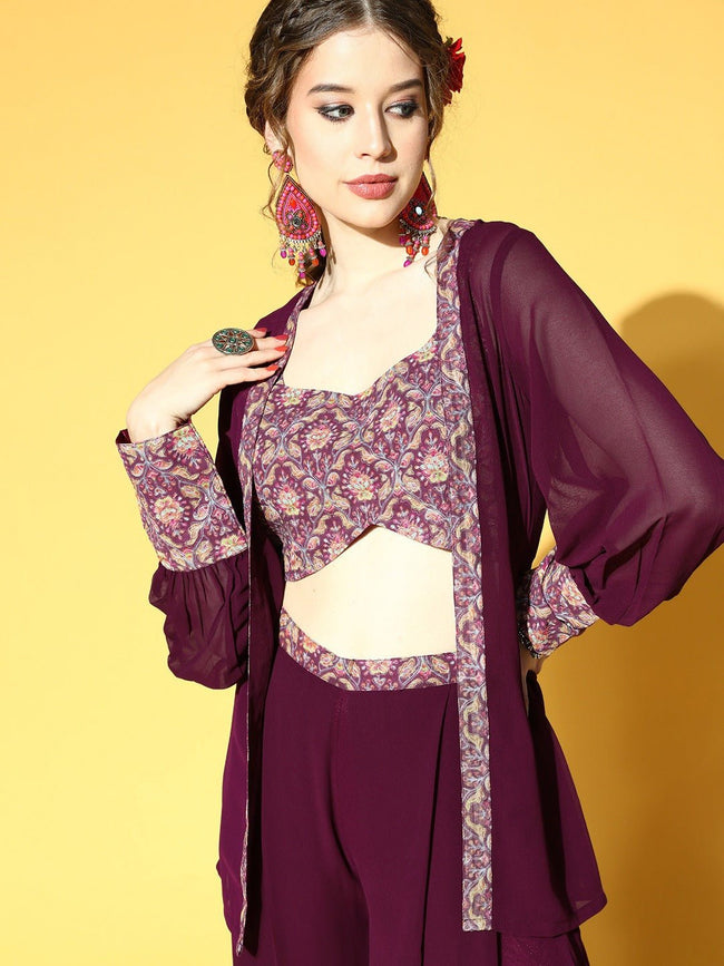 Embroidered Georgette Crop Top, Jacket and Palazzo Set in Yellow : TNH156