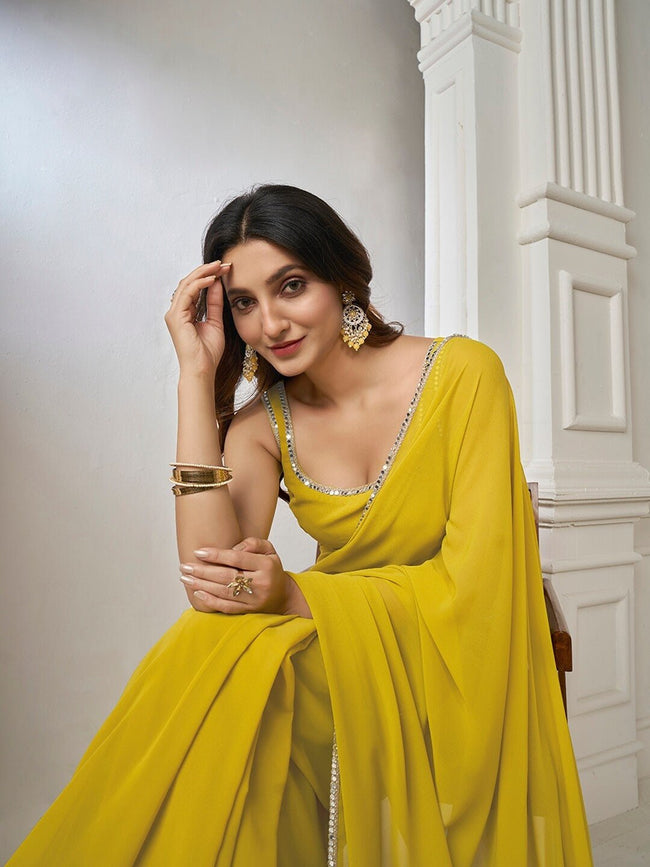 Buy Yellow Georgette Saree With Readymade Blouse Designer Stitched Foil Mirror  Work Plain Blouse for Women Wedding Party Wear Bridal Sari Blouse Online in  India - Etsy