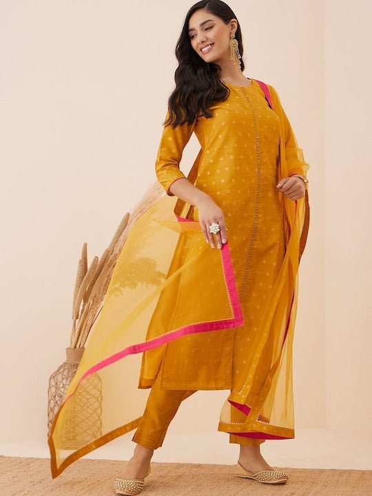 Mustard Yellow Sequinned Kurta With Trousers & Dupatta–