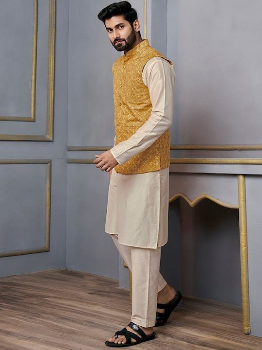 Fabindia - Exude class and style this festive season. Shop this Mustard  coloured Nehru Jacket crafted with silk cotton fabric and #BeTheOccasion!  #YoungRoyals #Fabindia #CelebrateIndia #FabindiaMenswear #FabindiaMens  #MensEthnic #NehruJacket Available ...