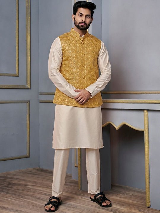 Yellow Chanderi Men Nehru Jacket