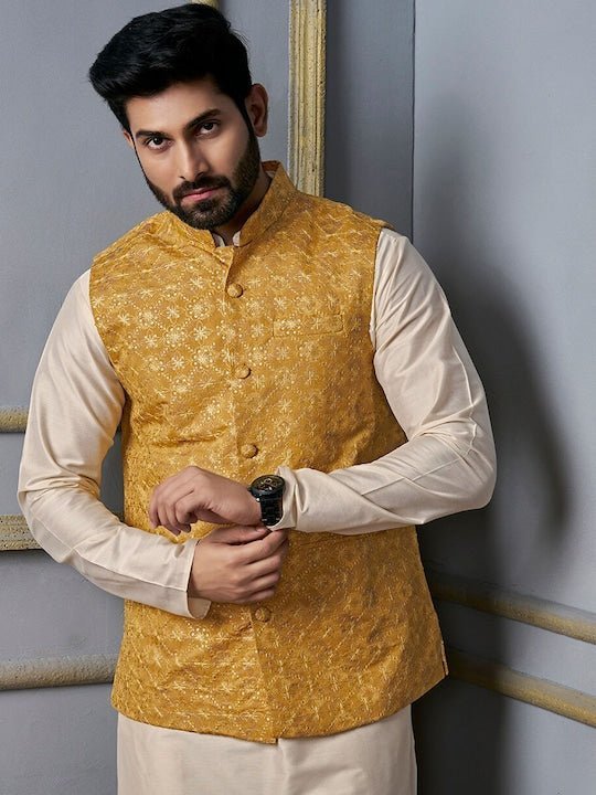 Shop Yellow Cotton Silk Embroidered Nehru Jacket Online at Best Price |  Cbazaar