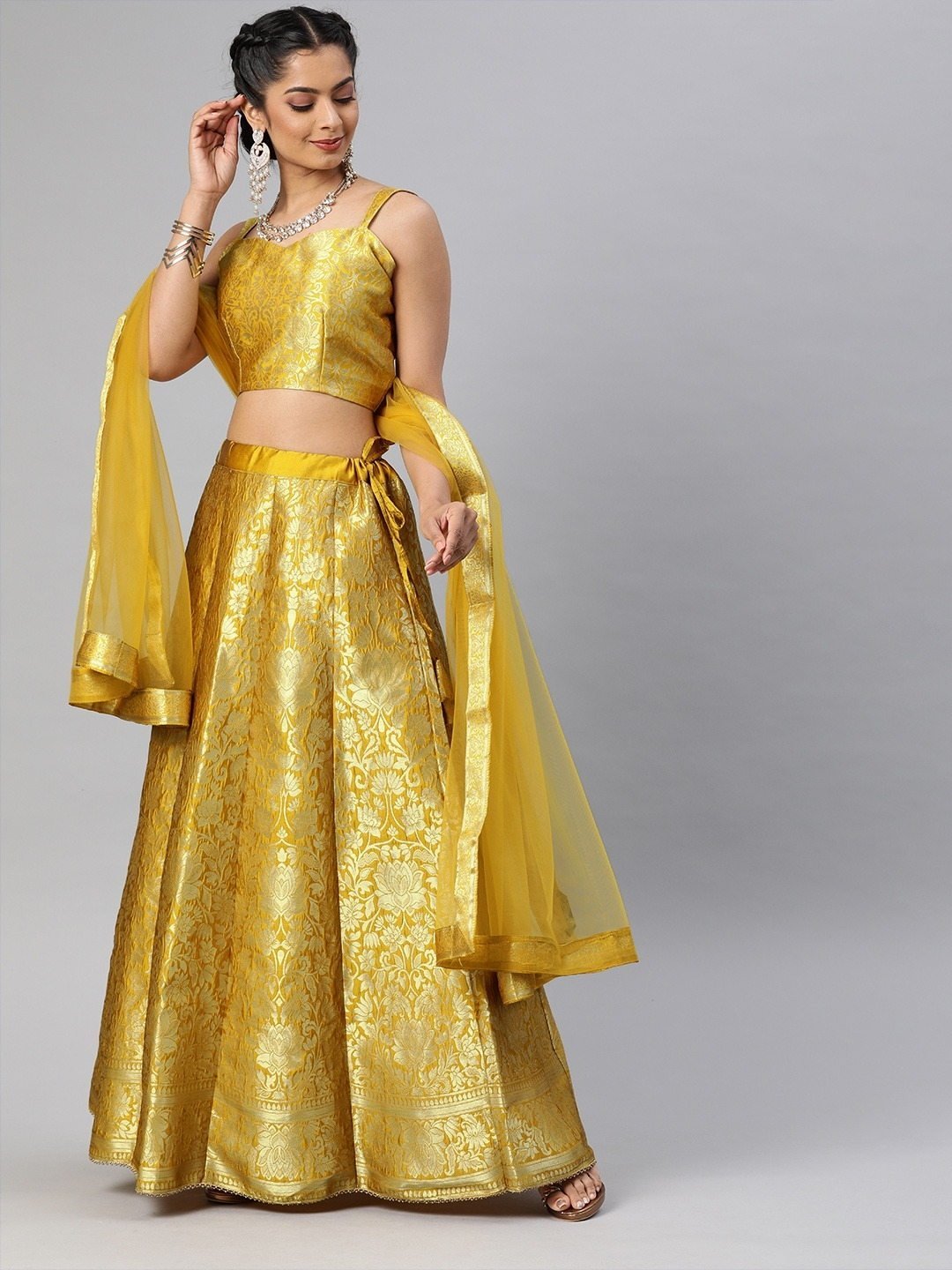 Latest Mehndi Wear Golden Blouse Colorful Lehenga Dupatta