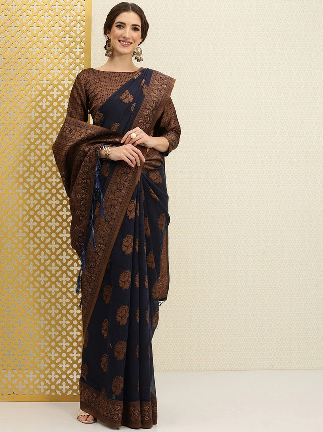 Buy Navy Blue Embroidered Silk Saree : 249318 -