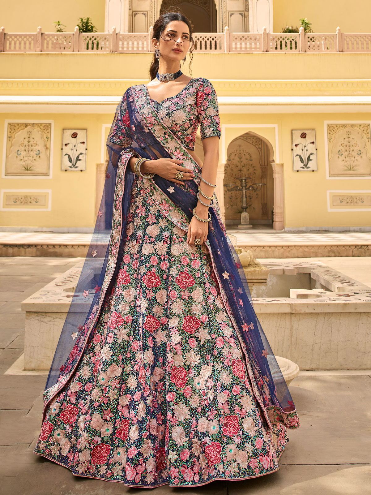 Shop Navy Blue and Pink A Line Lehenga Choli For Bridal Online In USA