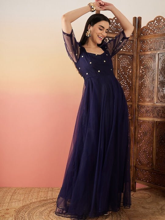 Navy blue Sequence Embellished Flared Maxi Ethnic Dresses