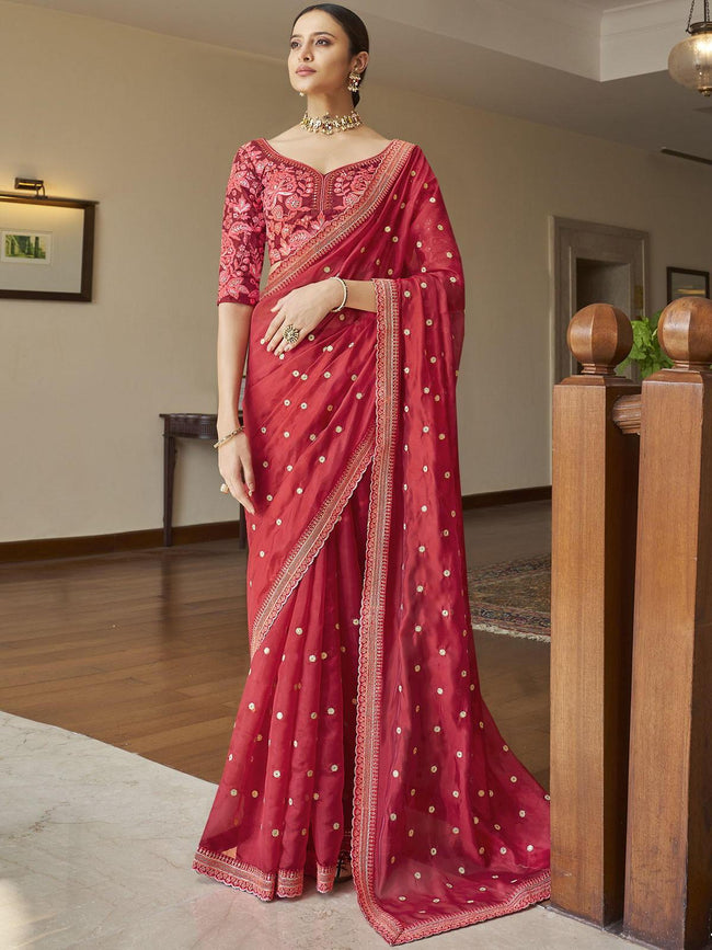 Red designer fancy party wear saree 90003