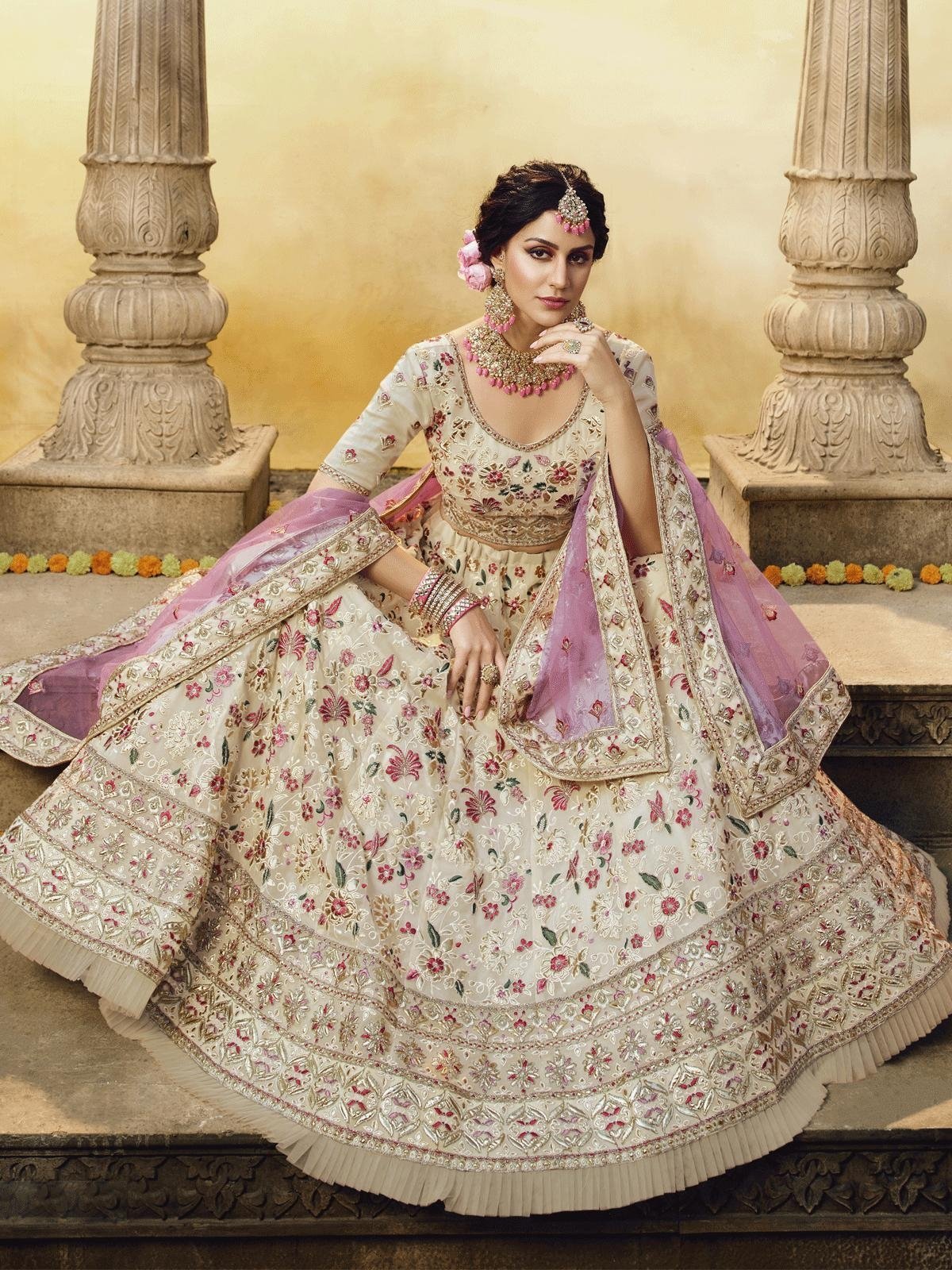 Off-White Color panelled Wedding Lehenga With Thread And Foil Mirror Work