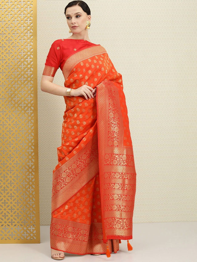 Beautiful Saree In Red And Orange | Saree designs, Half saree, Indian  designer sarees