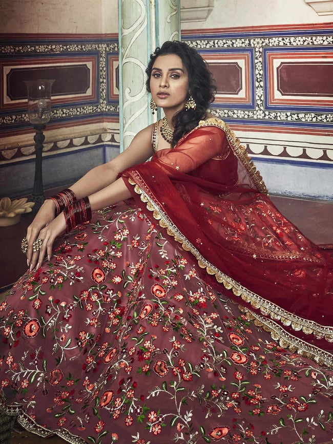 Crimson And Peach Embroidered Designer Lehenga Choli For Wedding –  TheDesignerSaree