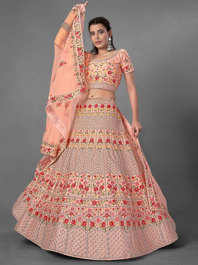 Buy Peach Embroidered Taffeta Silk Bridal Wear Lehenga Choli Online from  EthnicPlus for ₹5449
