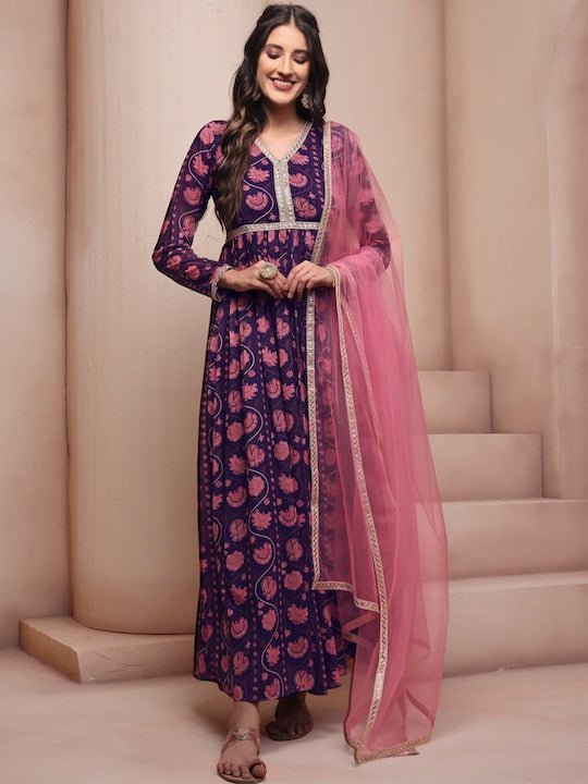 Shop Ethnic Anarkali Suit - Lucknowi Floor Length Walnut Brown Suit –  Empress Clothing