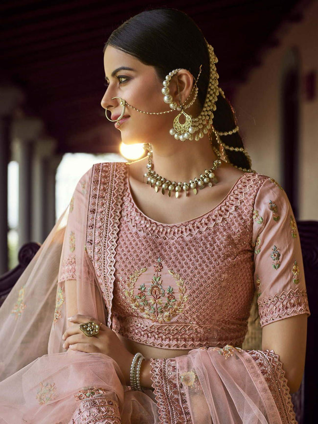 Bride in Two-Piece Lehenga in Rose Pink With Gold Designs, Earrings,  Necklace