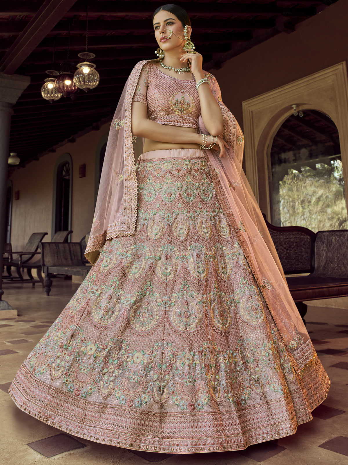 Buy Pink Cream Lehenga Adorn In Floral Embroidered Jaal KALKI Fashion India