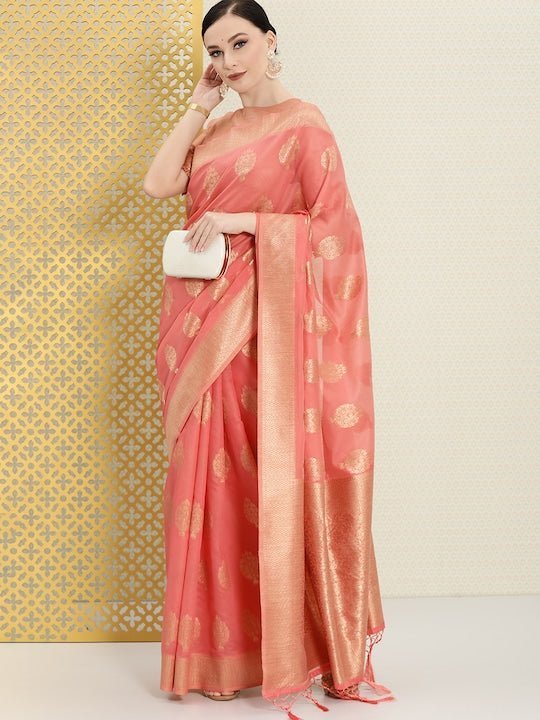 Bubble Gum Pink Woven Banarasi Silk Saree – MySilkLove