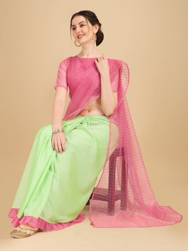 Half N Half Georgette Saree in Green and Pink : SEH2388