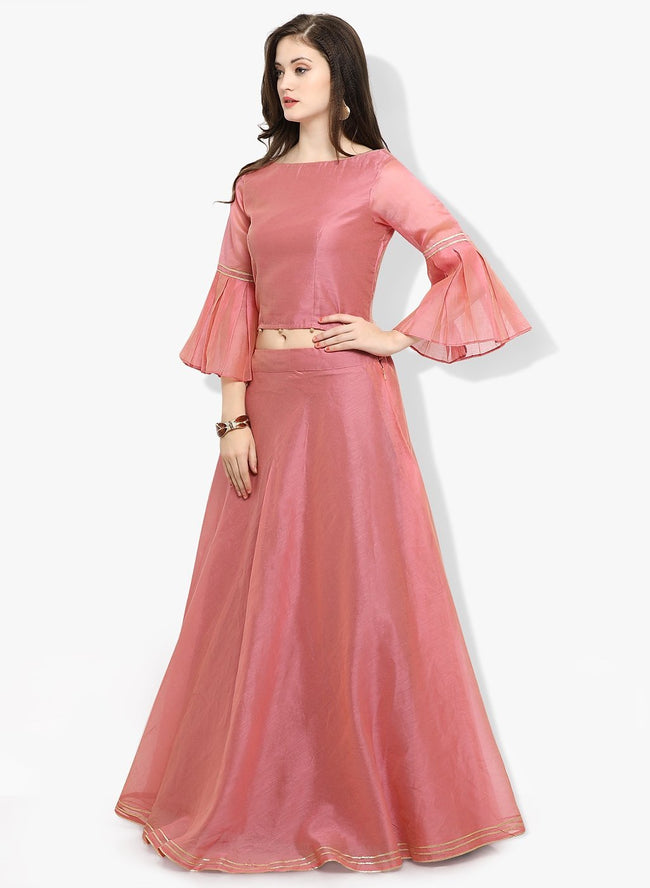 Buy Pinkish Peach Lucknowi Lehenga And Crop Top With Bell Sleeves And  Elaborate Collar Online - Kalki Fashion