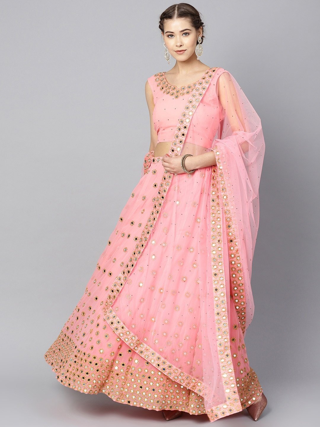 Half White with Pink Bandini Print, Zari, Sequins and Mirror work Lehe –  Seasons Chennai