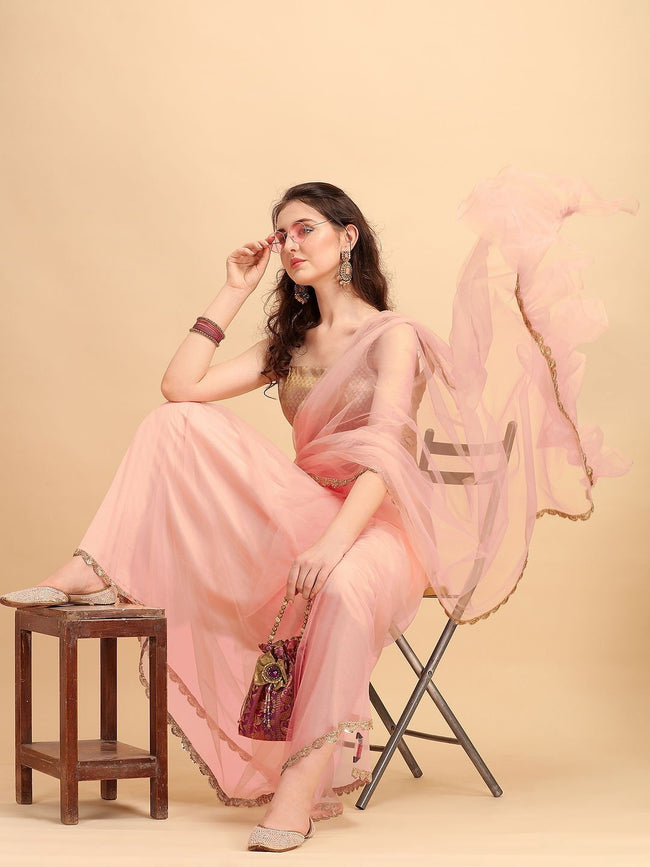 Pink Organza Ruffle Saree