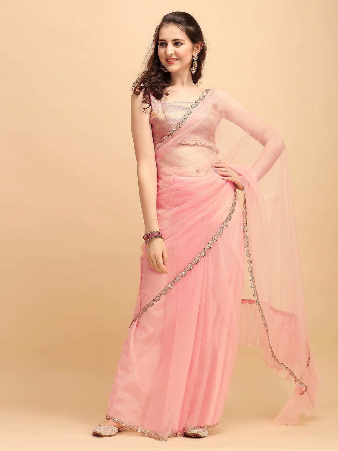 Stylish Light Pink Color Golden Jacquard Work Saree – bollywoodlehenga