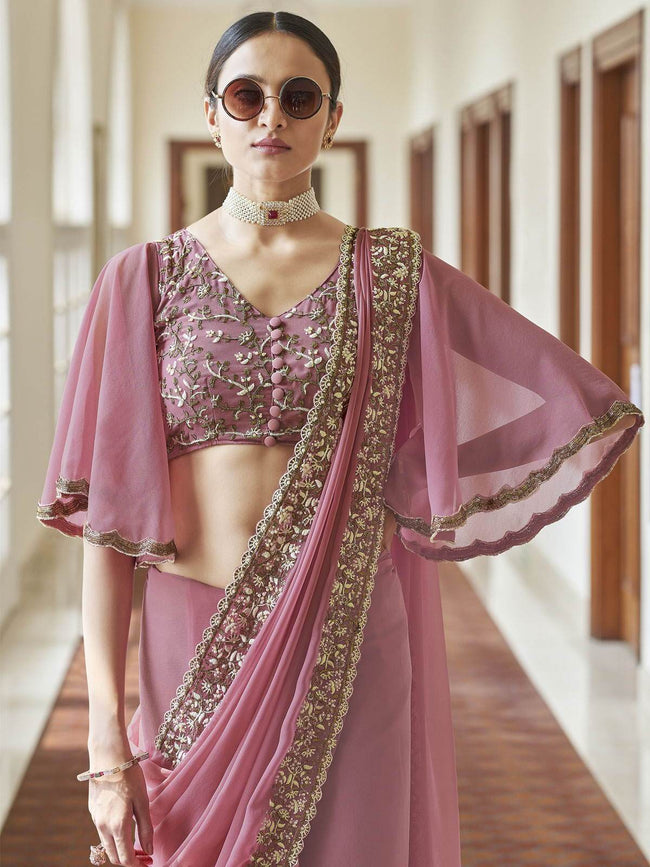 Pink Printed Organza Saree– Inddus.in