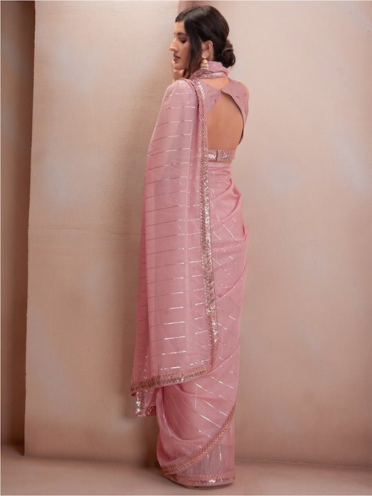 Pink & Silver-Coloured Pure Linen Solid Bhagalpuri Saree - Mirraw - 3461214