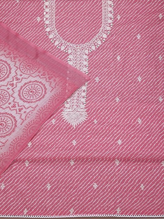 Pink & White Embroidered Linen Unstitched Dress Material–