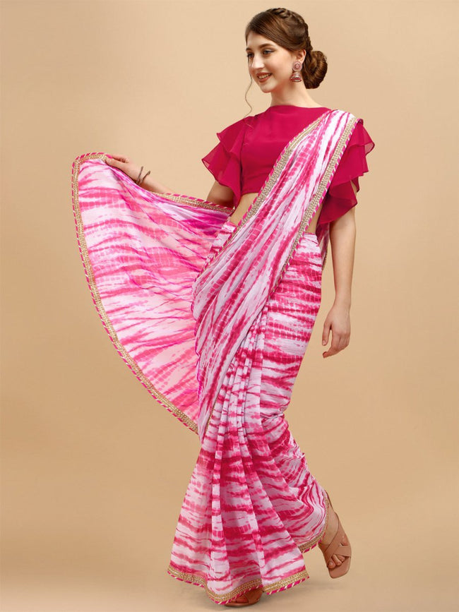 Buy Pink Red Banarsi Tie Dye Embroidered Velvet Border Georgette Saree –  anokherang