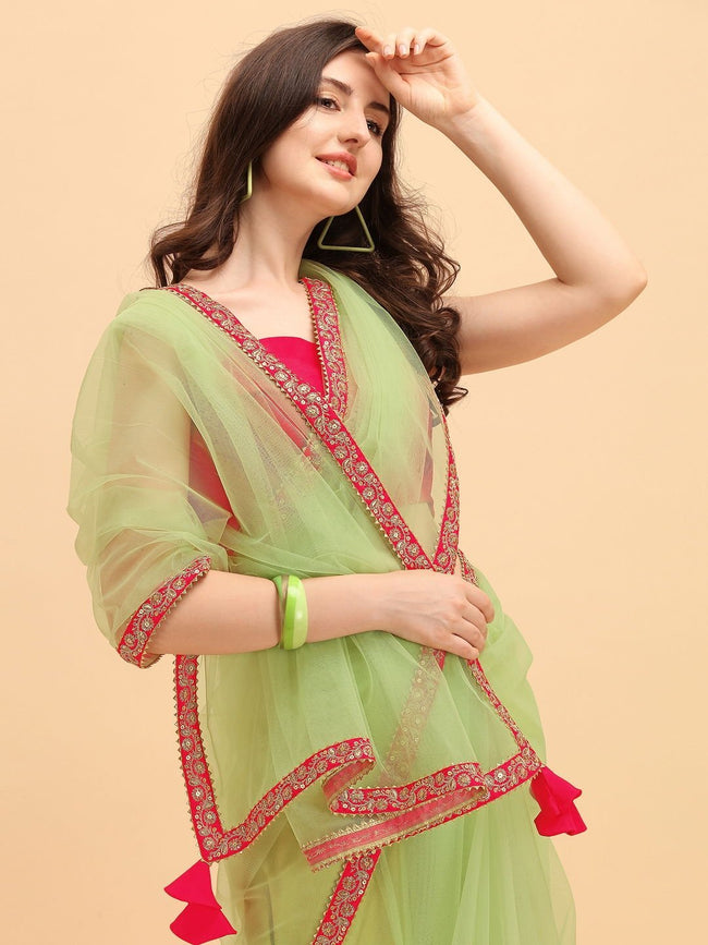 Buy Wedding Wear Pista Green Zari Work Net Saree Online From