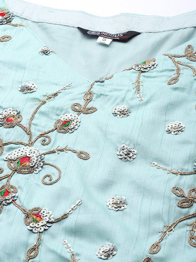 Buy Powder Blue Sequin Embroidered Kurta with Sharara and Chiffon Dupatta