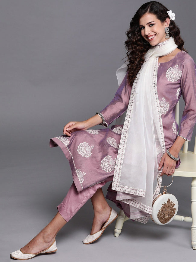 Women Woven Design Cotton Blend Ethereal Embroidery Kurta Set–