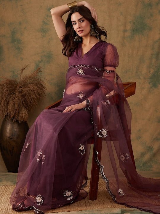 Buy Purple Satin Floral Print Saree With Swarovski Work And Unstitched  Blouse Piece Kalki Fashion India