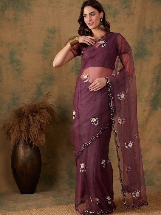 Purple Floral Embroidered Beads and Stones Embellished Net Saree