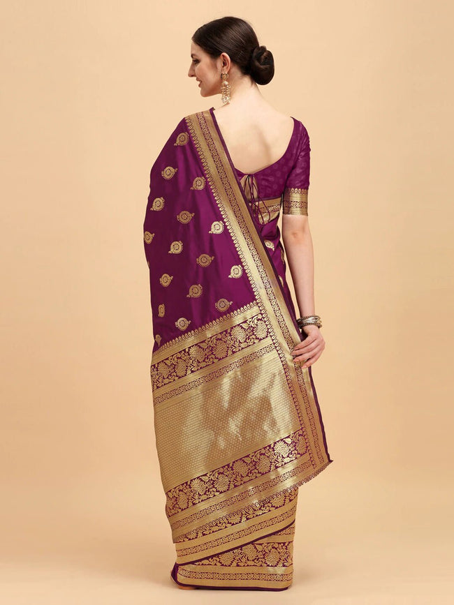 Photo of south indian bride with gold saree and purple blouse