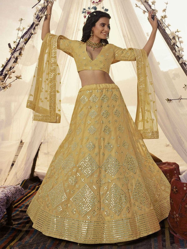 Buy Spectacular Golden & Red Mirror Work Rajwadi Silk Lehenga Choli - Zeel  Clothing