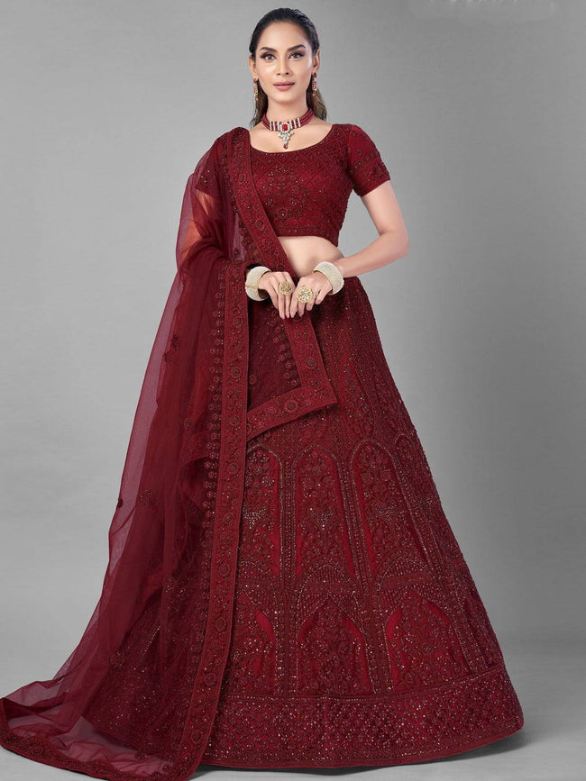 Buy Peach N Red Embroidered Round Neck Lehenga Set Party Wear Online at  Best Price | Cbazaar