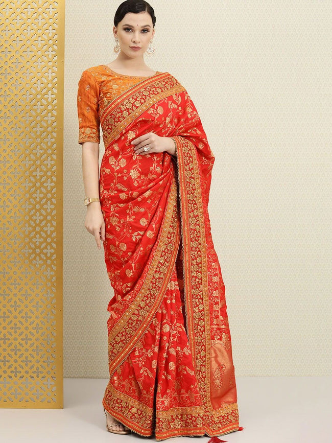 Rust Red Embellished Silk Saree