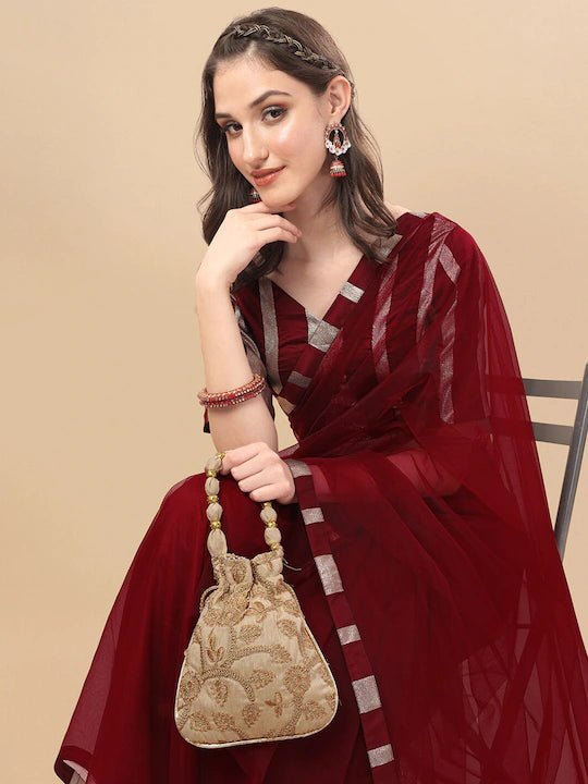 Buy Online Maroon Borderless Muga Banarasi Saree with Big Zari Buta – Pure  Elegance