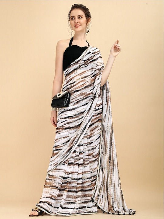 Purest Chiffon Modern Digitally Printed Black and white saree | Black and white  saree, Fashion designing blouse, Off white saree