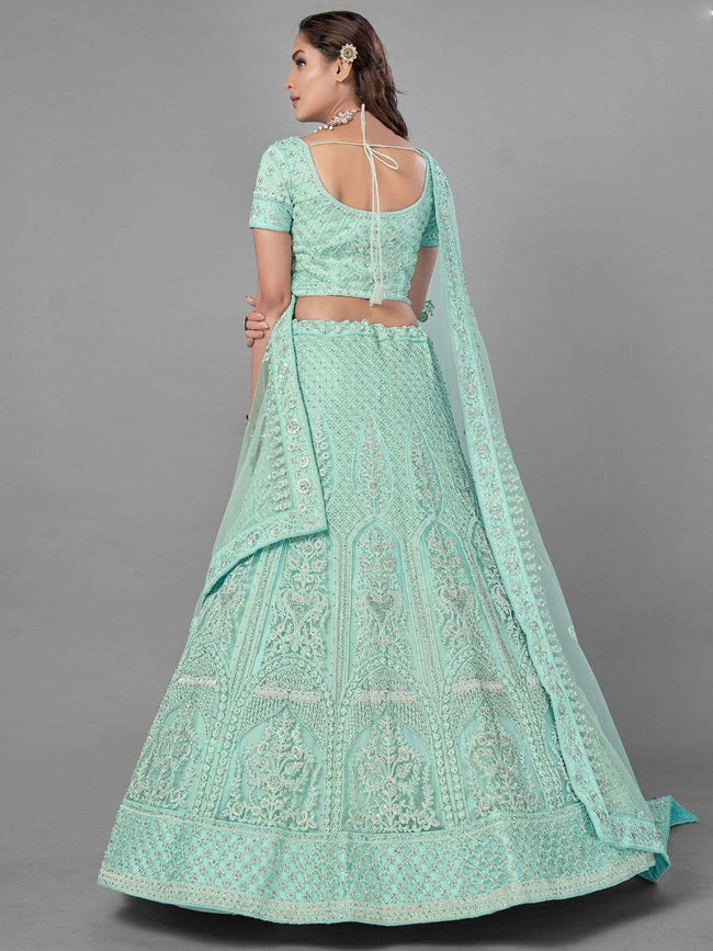 Buy Ocean Green Lehenga Choli In Raw Silk With Colorful Resham Embroidered  Spring Blossoms Online - Kalki Fashion